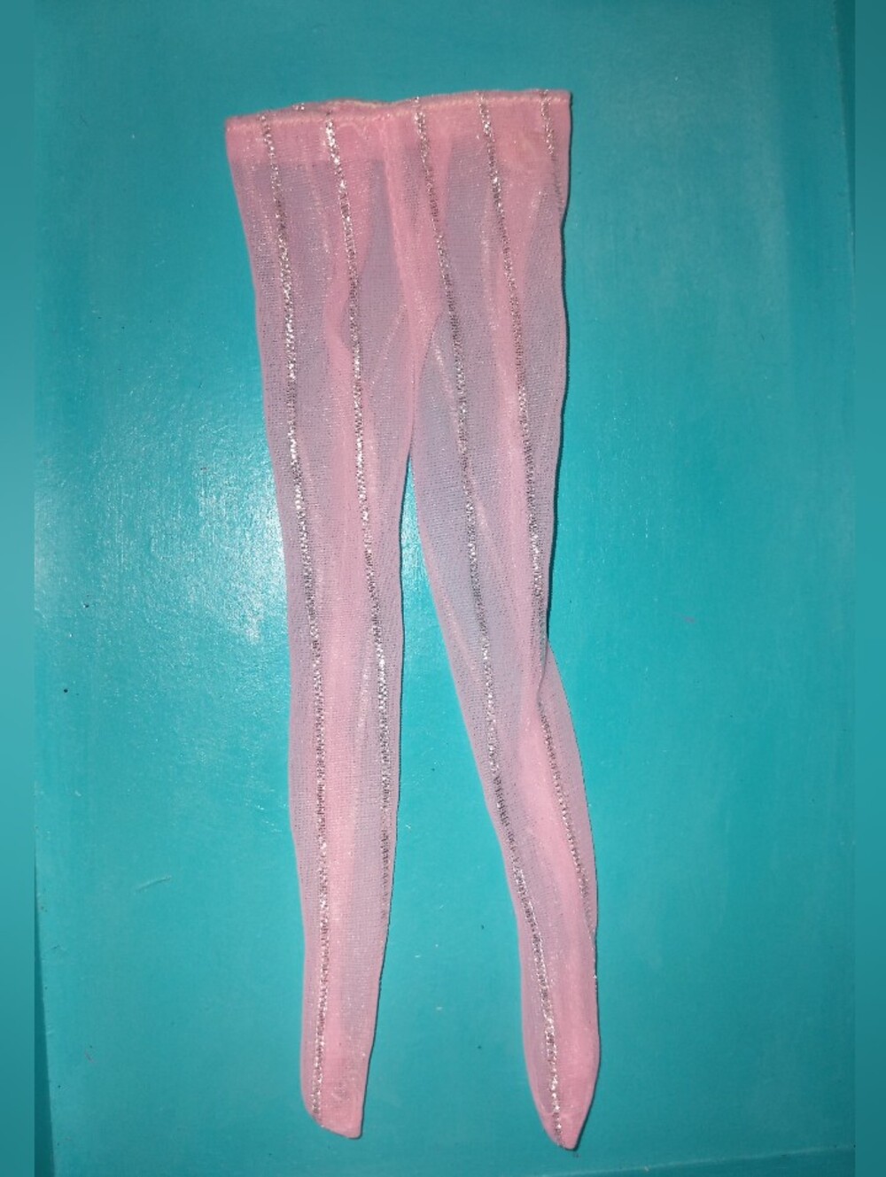 Barbie doll size pink pantyhose with silver stripes